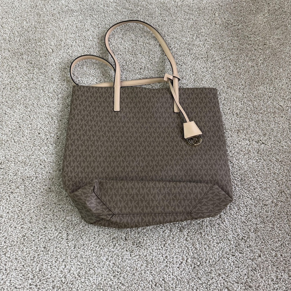 Michael Kors Tote Bag Womens Large Brown Canvas Leather Logo Charm Shoulder